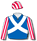 Royal blue, white sashes, red and white striped sleeves and cap