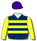 DARK BLUE, YELLOW HOOPS, YELLOW SLEEVES, PURPLE CAP