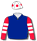 ROYAL BLUE, RED AND WHITE HOOPED SLEEVES, WHITE CAP, RED SPOTS