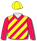 Red & yellow diagonal stripes, red sleeves, yellow cap