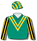 Emerald green, gold double V (b&f), black & gold striped sleeves, emerald green & gold striped cap
