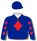 Royal blue, scarlet diamond (b&f), royal blue sleeves with scarlet diamonds down sleeves & royal blue cap