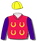 Red, yellow horseshoes, purple sleeves, yellow cap