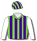 Lime green & purple stripes, white sleeves, lime green & purple striped cap