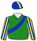 APPLE GREEN, DARK BLUE SASH, DARK BLUE AND YELLOW STRIPED SLEEVES AND CAP