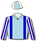 Light blue,dark blue & cream striped sleeves, dark blue braces,light blue & cream qtd cap