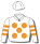 White, orange spots & hooped sleeves, white cap