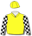 YELLOW, AUSTRALASIAN THOROUGHBREDS LOGO, BLACK AND WHITE CHECKED SLEEVES, YELLOW CAP, WHITE POM POM