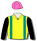 Yellow, emerald green braces, black sleeves & pink cap