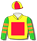 YELLOW, RED SQUARE, LIME GREEN AND ORANGE HOOPED SLEEVES, RED AND YELLOW QUARTERED CAP