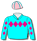 Aqua, hot pink diamond band, aqua sleeves with hot pink diamonds down sleeves, pink cap with aqua seams