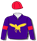 Purple, yellow stylised logo, red arm bands & cap