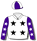 WHITE, BLACK STARS, PURPLE AND WHITE STARS SLEEVES, PURPLE AND WHITE QUARTERED CAP, BLACK POM POM