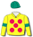 Yellow, red spots (b&f), emerald green armbands & cap