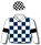 WHITE, NAVY CHECKS, BLACK ARMBANDS WITH CHESS KNIGHT AND KING, CHECKED CAP