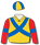 Gold,scarlet sleeves,royal blue crossed sashes & armbands, gold & royal blue quartered cap
