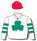 White, emerald green shamrock, hooped sleeves, red cap with white pompom