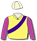 Canary, crimson sleeves, purple sash, cream cap