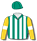 Emerald green and white stripes, gold sleeves, white armbands, emerald green cap