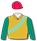 Old gold, emerald green sleeves, light green sash, red cap