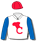 White, red stylised logo (b&f), royal blue sleeves red cap