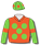 Tangerine, lime green spots (b&f) & sleeves, tangerine armbands, lime green cap with tangerine spots