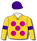Gold, cerise spots, purple armbands & cap