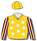 Gold, white stars in purple oval (b&f), purple stripes on sleeves & gold cap