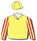 Canary, red striped sleeves, black band, canary cap