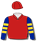 Cardinal, royal blue & gold hooped sleeves, cardinal cap
