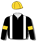 Black, white braces, gold arm bands & cap