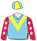 Sky blue, yellow V, red sleeves with white diamonds down sleeves, yellow & sky blue quartered cap with red pom pom