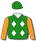 GREEN AND WHITE DIAMONDS, ORANGE SLEEVES, GREEN CAP