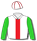 White, scarlet single stripe (b&f), lime green sleeves, white cap with scarlet seams