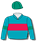 Peacock blue, red band, emerald green armbands & cap