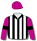 BLACK, WHITE STRIPES, CERISE SLEEVES, BLACK ARMBANDS, CERISE CAP