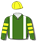 GREEN, WHITE BRACES, YELLOW HOOPED SLEEVES AND CAP