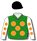 GREEN, ORANGE SPOTS, WHITE SLEEVES, ORANGE SPOTS, BLACK CAP, ORANGE POM POM