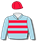 LIGHT BLUE, RED HOOPS, LIGHT BLUE SLEEVES AND RED CAP