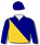 NAVY BLUE AND GOLD DIAGONAL HALVES, LIGHT BLUE SASH, NAVY BLUE SLEEVES AND NAVY BLUE CAP
