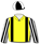 Yellow, black & white striped sleeves, black braces, black & white quartered cap
