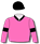 Soft pink, black collar & stylised design, pink sleeves with black bands, black cap with soft pink pompom