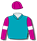 Peacock blue, cerise sleeves, white band & armbands, cerise cap