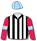 Black & white stripes, red sleeves, light blue armbands & cap