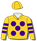 Gold, purple spots, gold & purple hooped sleeves gold cap
