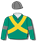 Emerald green, gold crossed sashes, emerald green sleeves with grey armbands & cap