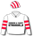 White with stylised logo, red hooped sleeves & striped cap