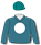 Teal blue, white stylised logo (b&f), teal blue sleeves & cap