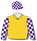 GOLD, PURPLE RAFFLES RACING LOGO, PURPLE AND WHITE CHECKED SLEEVES AND CHECKED CAP