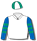 White, stylised logo, royal blue & emerald green hooped sleeves & quartered cap